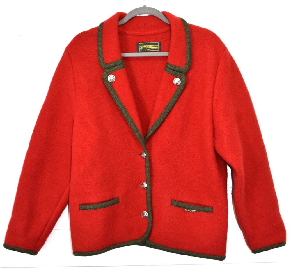GEIGER Boiled Wool Jacket Blazer Red Sz 40/10 Silver Buttons Classic Academia